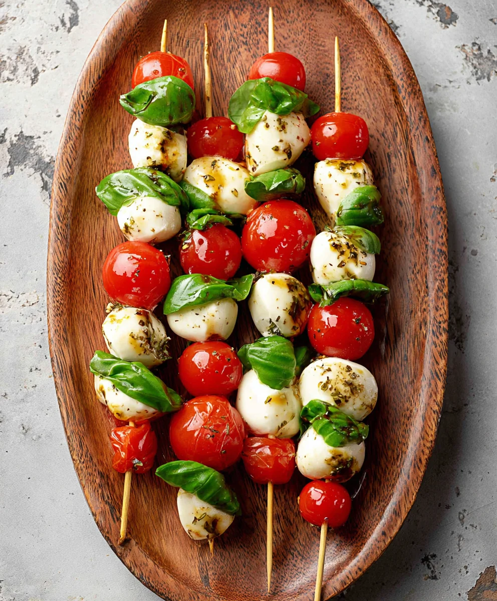 Easy Caprese Skewers-Fresh Mozzarella Tomato Basil Bites