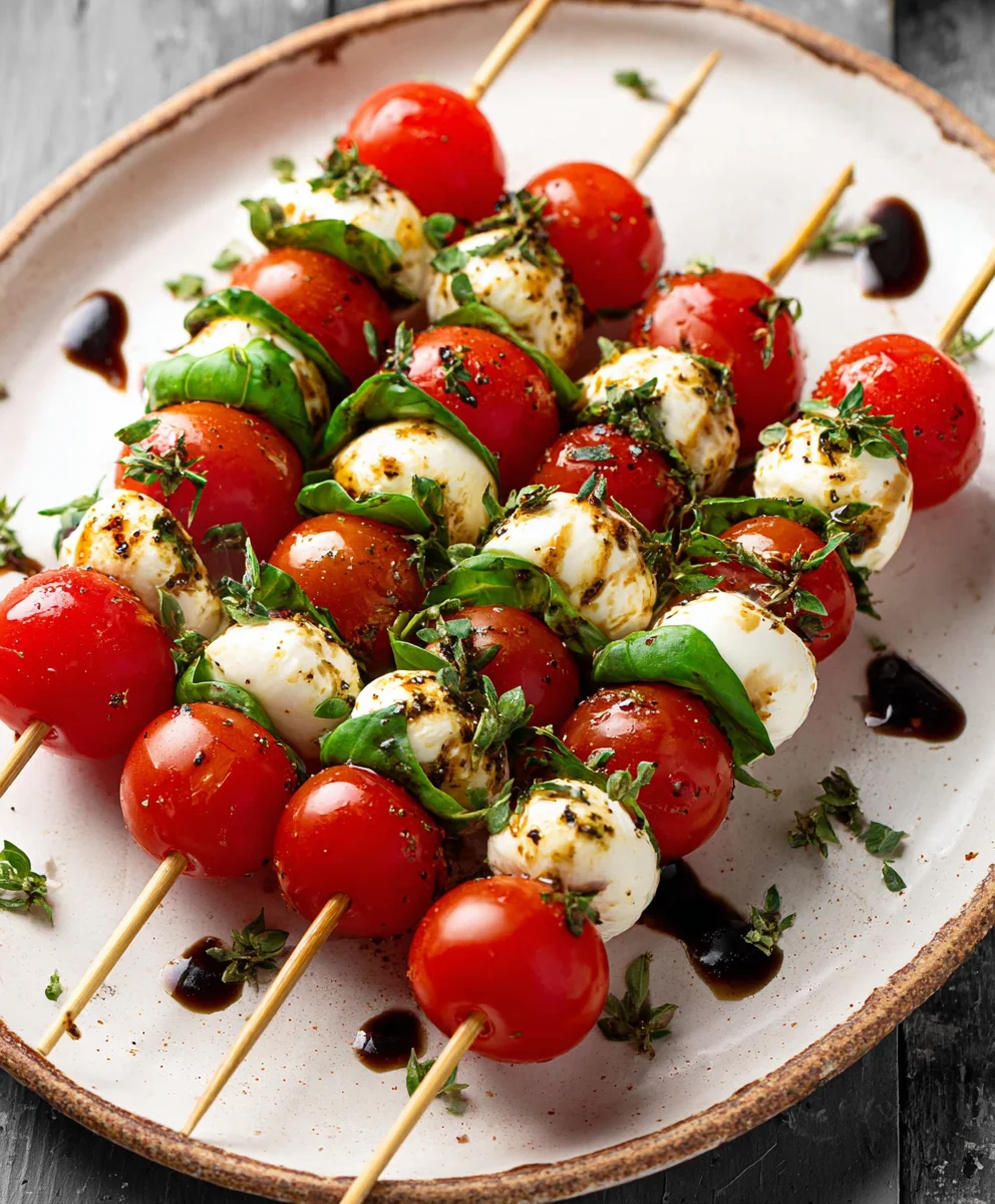 Easy Caprese Skewers-Fresh Mozzarella Tomato Basil Bites