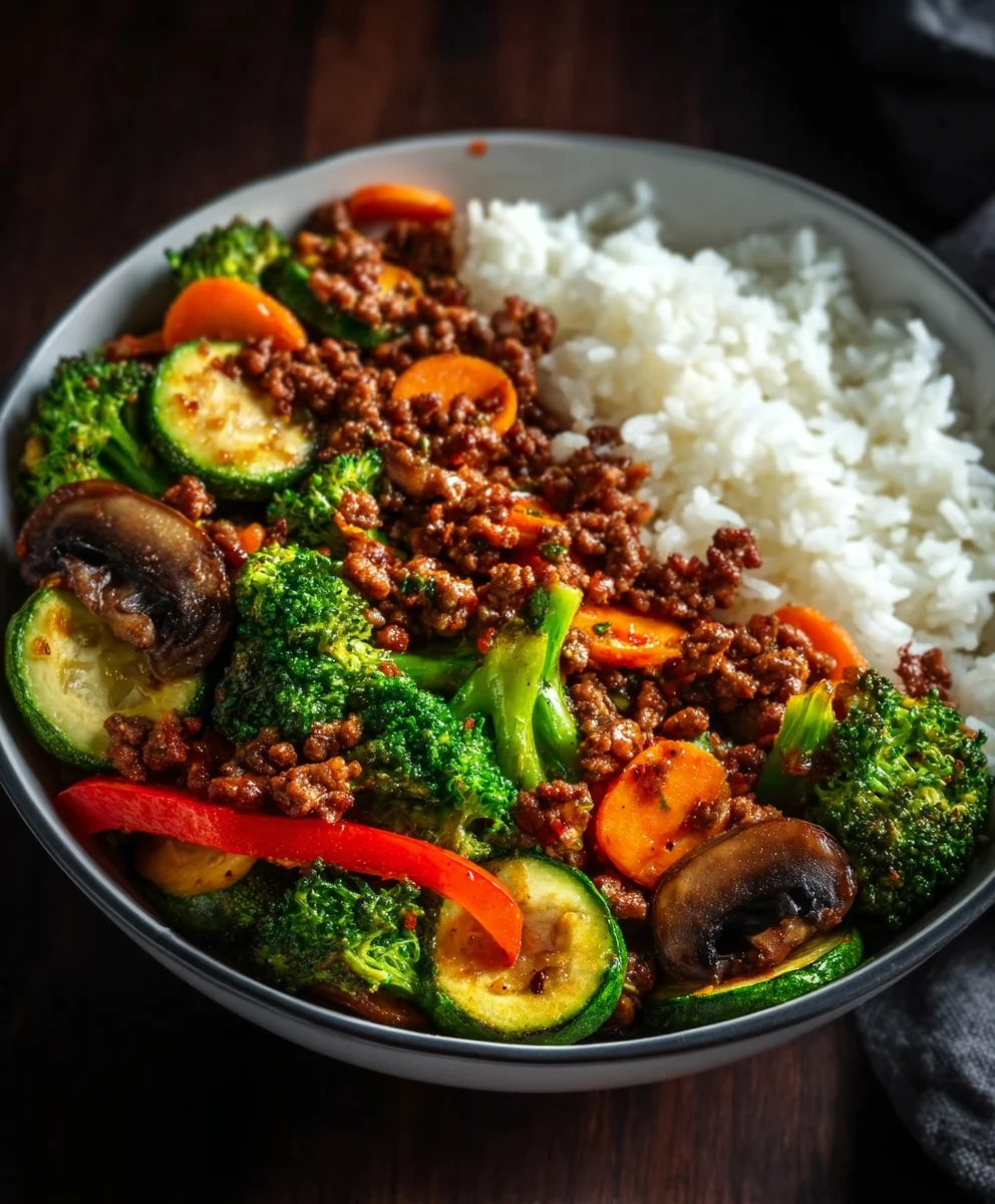 Spicy Beef Stir-Fry Bowl Garlic Veggies Steamy Rice