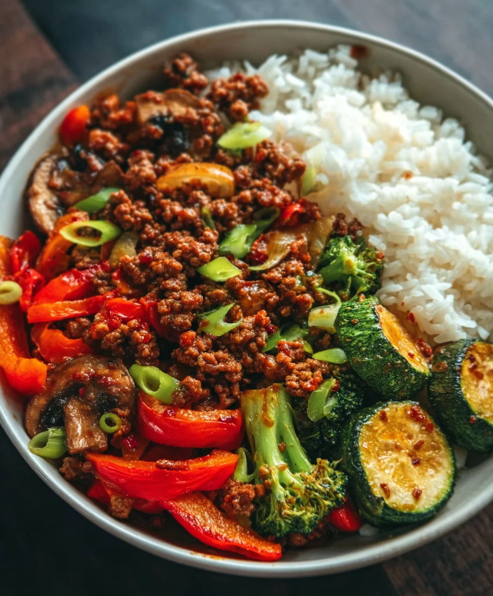 Spicy Beef Stir-Fry Bowl Garlic Veggies Steamy Rice
