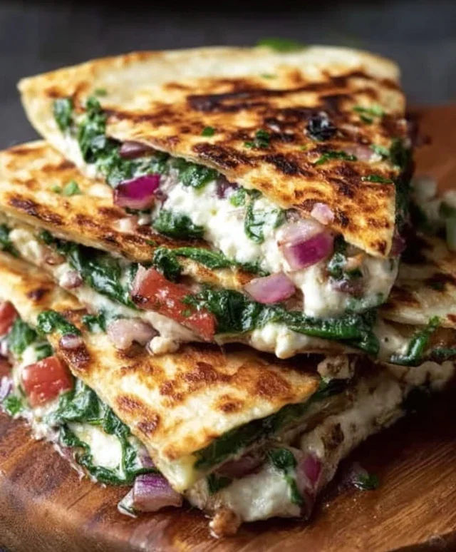 Mediterranean Quesadillas with Spinach, Feta, Mozzarella, and Red Onion