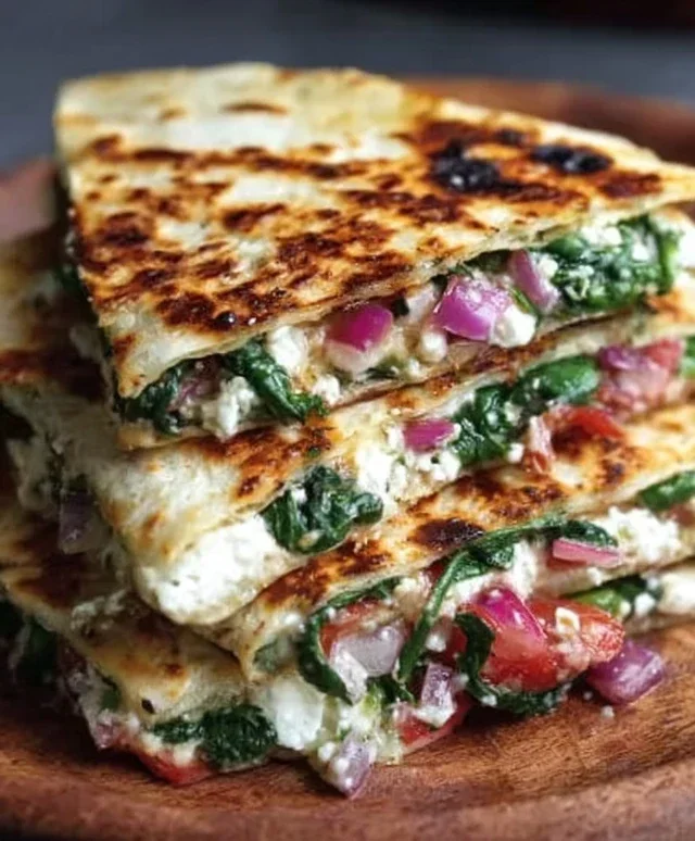 Mediterranean Quesadillas with Spinach, Feta, Mozzarella, and Red Onion